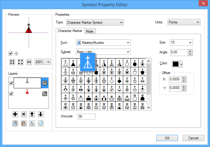 Tvorba mapových znaků pomocí skládání jednotlivých glyfů v programu ArcMap