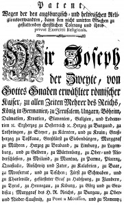 První strana tolerančního patentu Josefa II. (Zdroj: Wikimedia, Volné dílo)