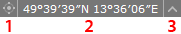 Ukazatel souřadnic – 1. získávání souřadnic klikem do mapy, 2. zobrazení hodnot, 3. změna souřadnicového systému